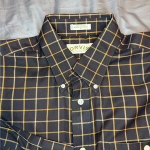 Orvis Men's Brown and Gold Plaid Shirt
